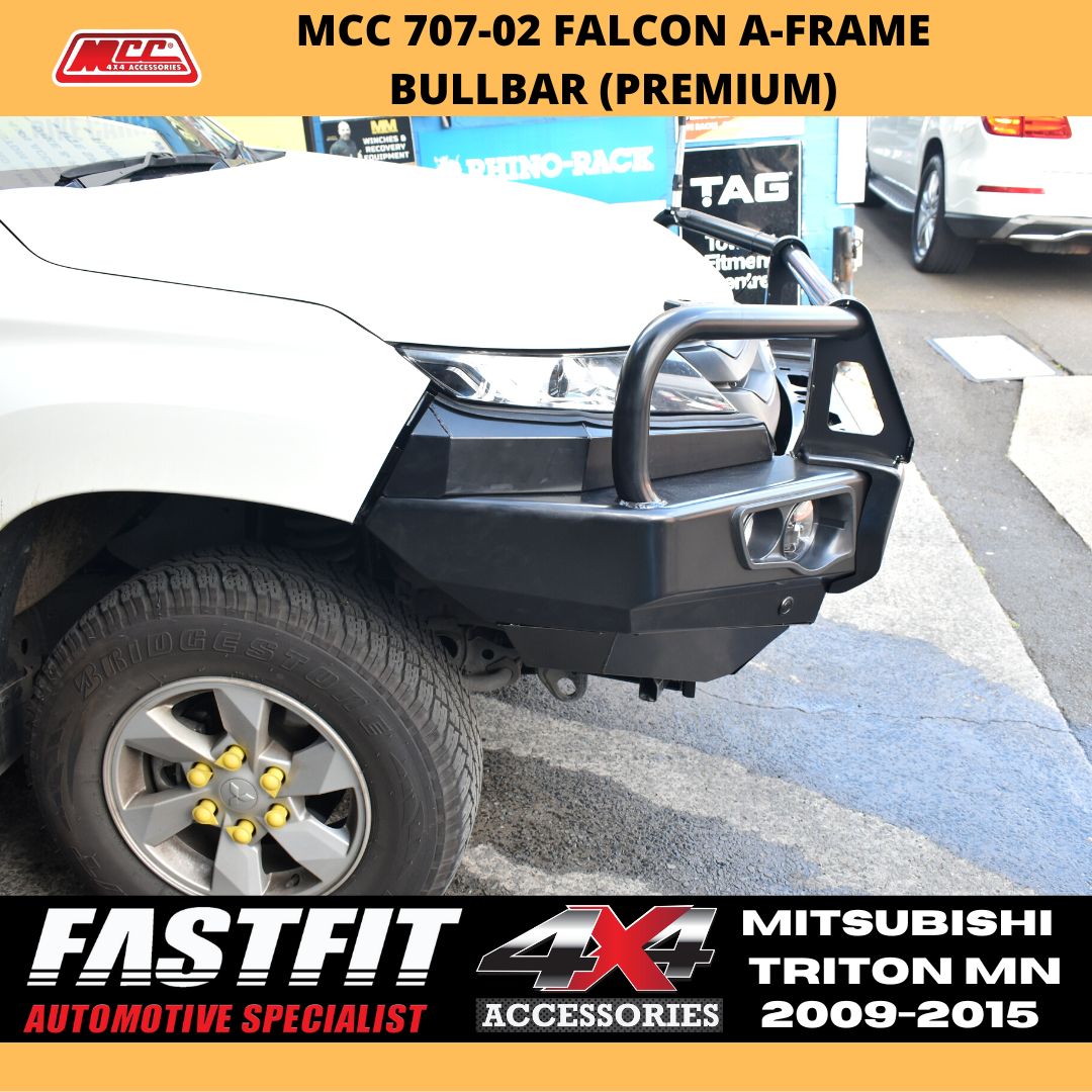 MCC 707-02A Alloy Falcon Bull Bars Black A-Frame Package (LED Foglight) to suit Mitsubishi Triton MN/Challenger 2006-2015