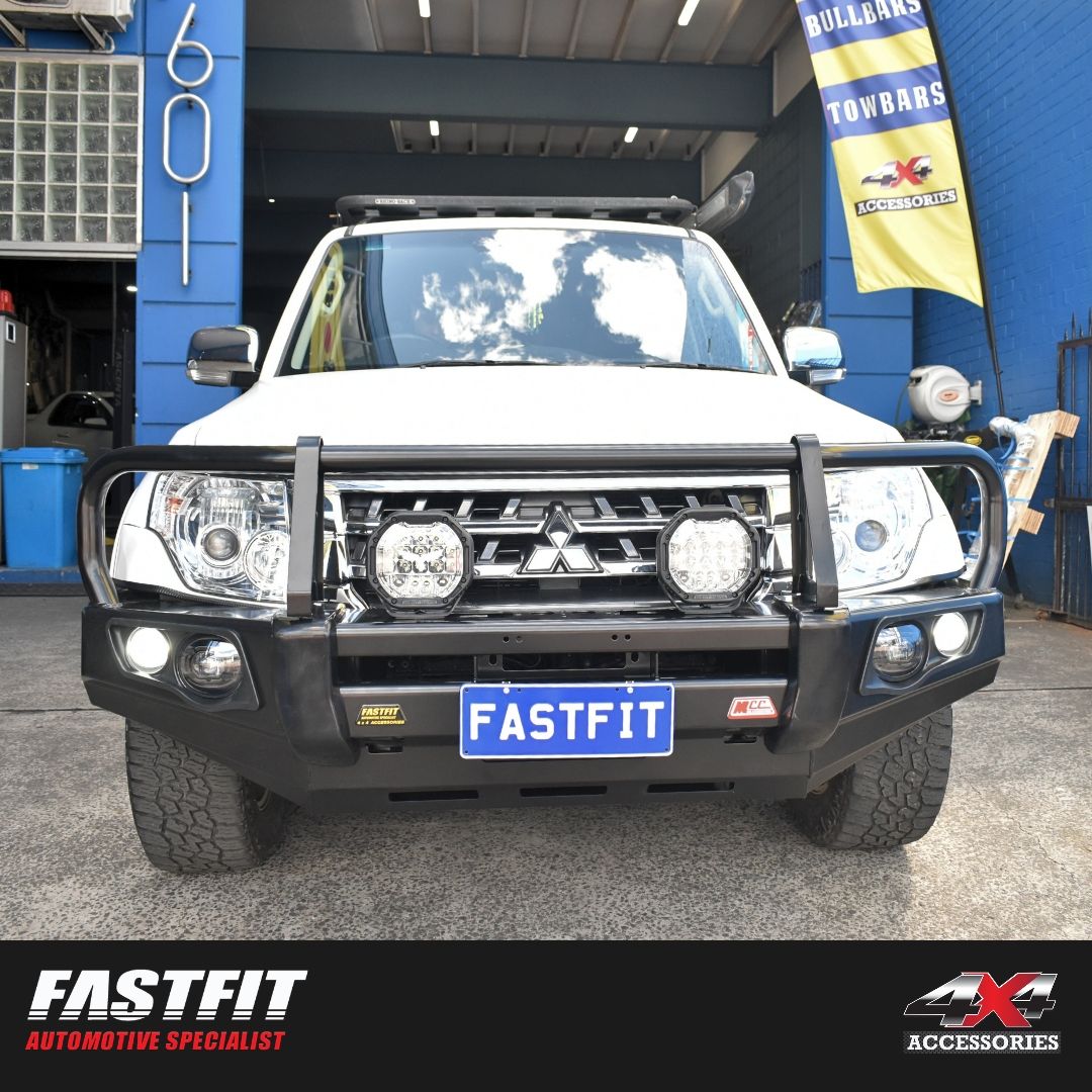 MCC 707-02 Falcon Bull Bar Black A-Frame Package (LED Foglight) to suit Mitsubishi Pajero NS NX NT NW 2006-2021