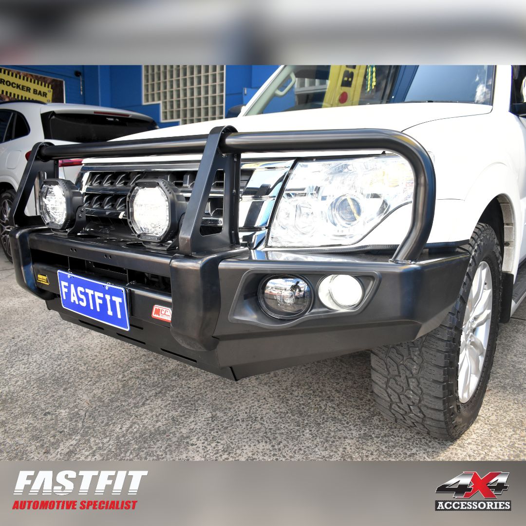 MCC 707-02 Falcon Bull Bar Black A-Frame Package (LED Foglight) to suit Mitsubishi Pajero NS NX NT NW 2006-2021