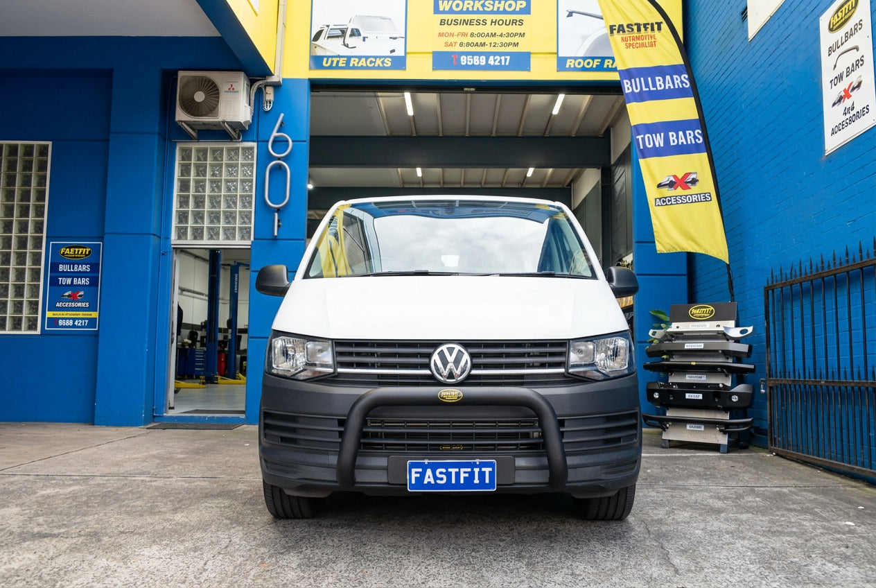 ECB Nudge Bars (POLISHED BLACK FINISH) TO SUIT VOLKSWAGEN TRANSPORTER (07/15 to 05/20)