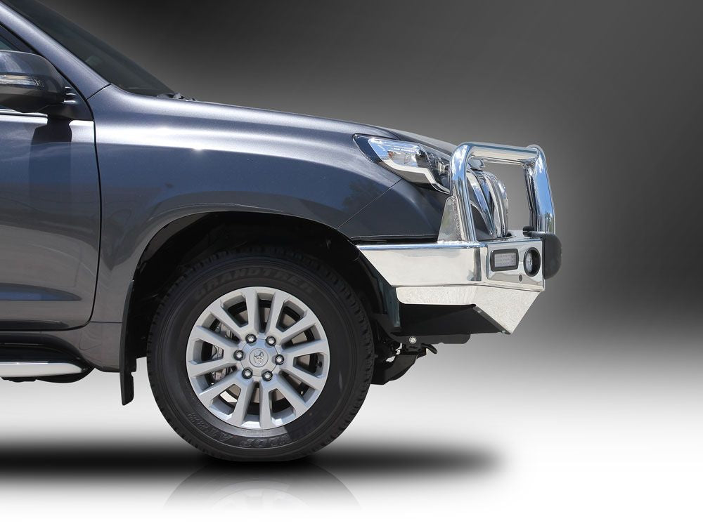 ECB TEXTURA BLACK BIG TUBE Bull Bars WITH BUMPER LIGHTS to suit TOYOTA PRADO 150 SERIES 2 KAKADU & VX 11/2013-10/2017