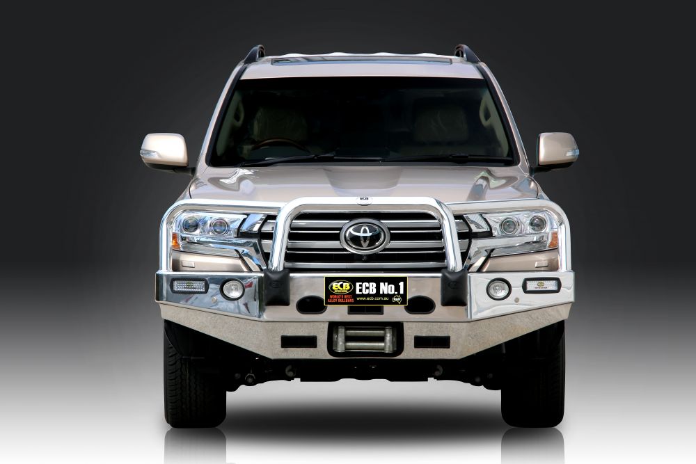 ECB Big Tube/Winch Bull Bars with Bumper Lights (Polished Alloy Finish) to suit Toyota LandCruiser 200 Series 01/2016 to 06/2021