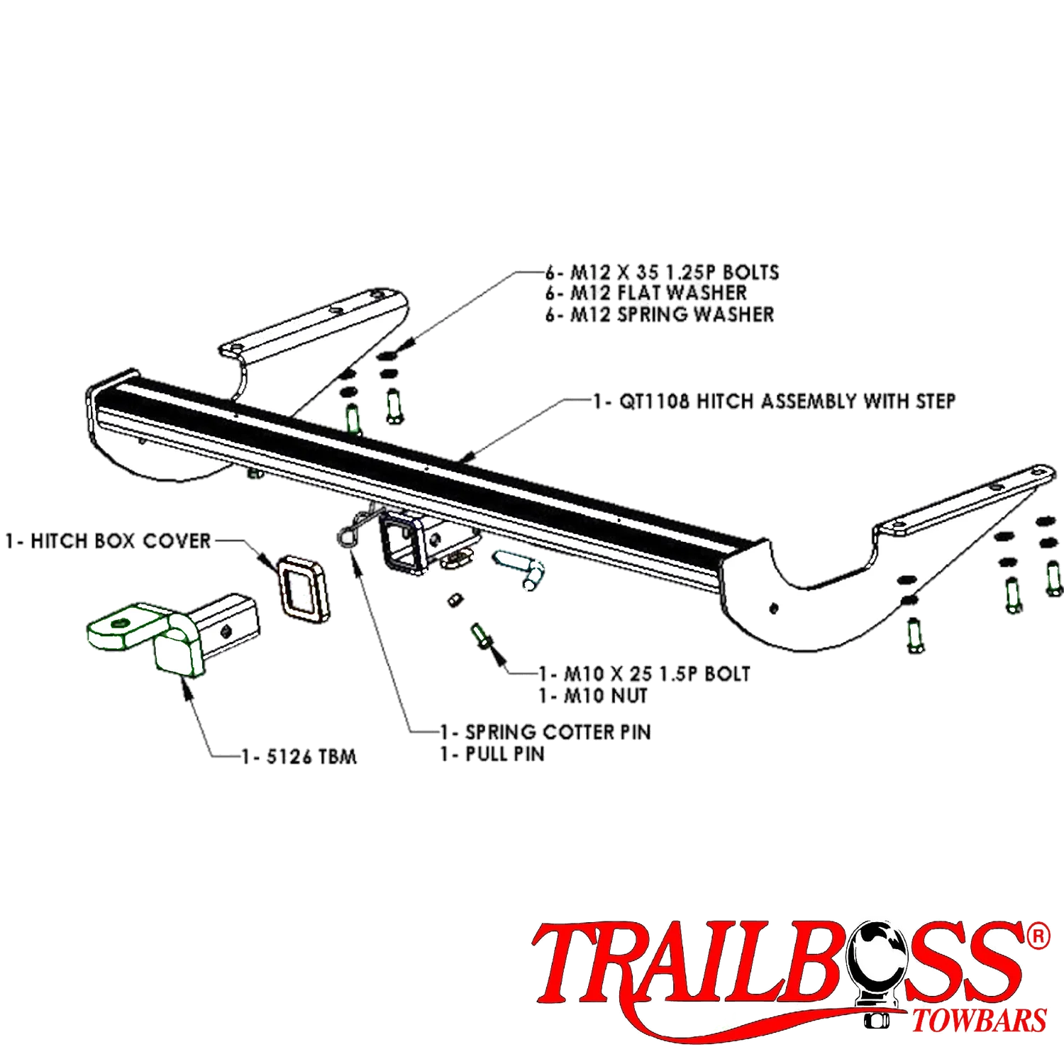 Trailboss heavy duty towbar to suit on Toyota Tarago People Mover 03/2006 - 06/2021 (Comes with rear step)