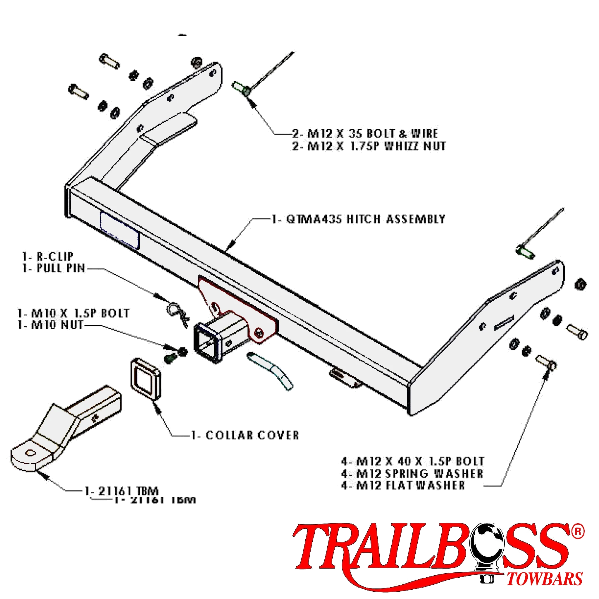 TRAILBOSS Heavy Duty TowBar to suit FORD RANGER 2WD 2.5L SINGLE CAB CHASSIS LOW RIDER 02/07-09/11