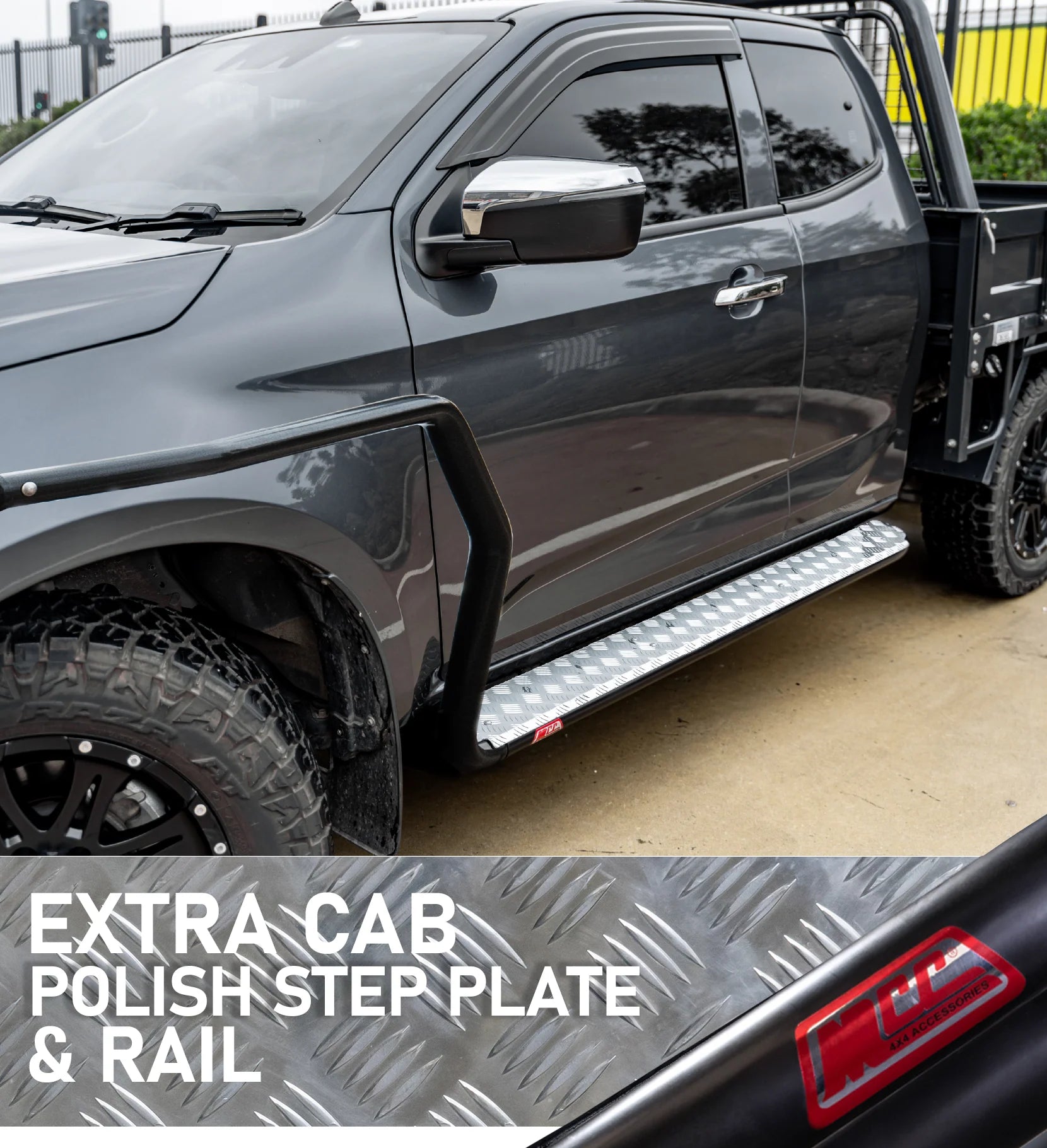 MCC 039BSR Extra Cab Side Step and Rail Package (Chrome Step Plate) (50mm Bull Bar) to suit Isuzu Dmax RT 2012-2019