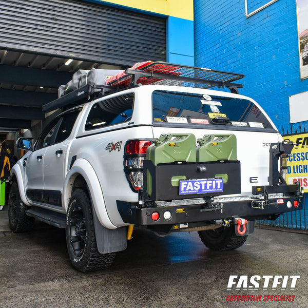 Single Can Ford Ranger Rear MCC 022-02 Rear Carrier Bar with Single Wheel & Double Jerry Can Holder ...