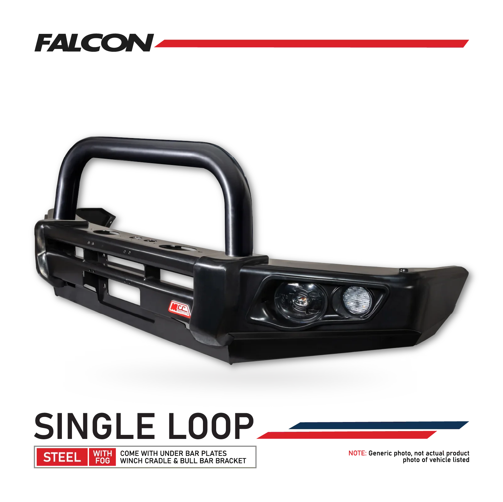 MCC 707-01 Falcon Bull Bar Single Black Loop Package (LED Foglight) to suit Mitsubishi Challenger 1996-2006